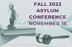 [ai] A gavel placed on a document with the text 'FALL 2022 ASYLUM CONFERENCE NOVEMBER 18' in bold purple letters. A statue of Lady Justice can be seen in the background.